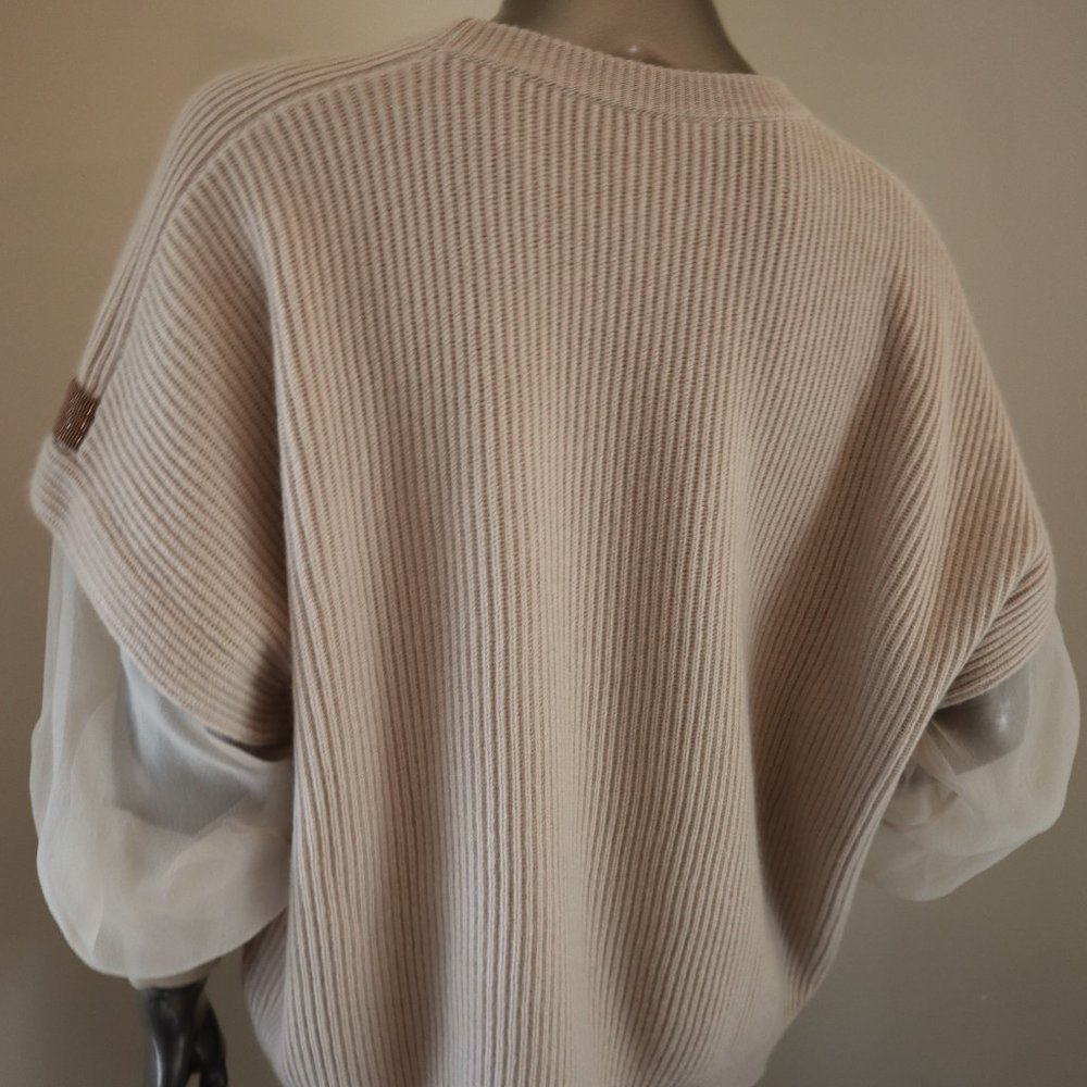 Brunello Cucinelli Cashmere Sweater Monili Beige Shear Sleeves Size X-Large New - Picture 5 of 10